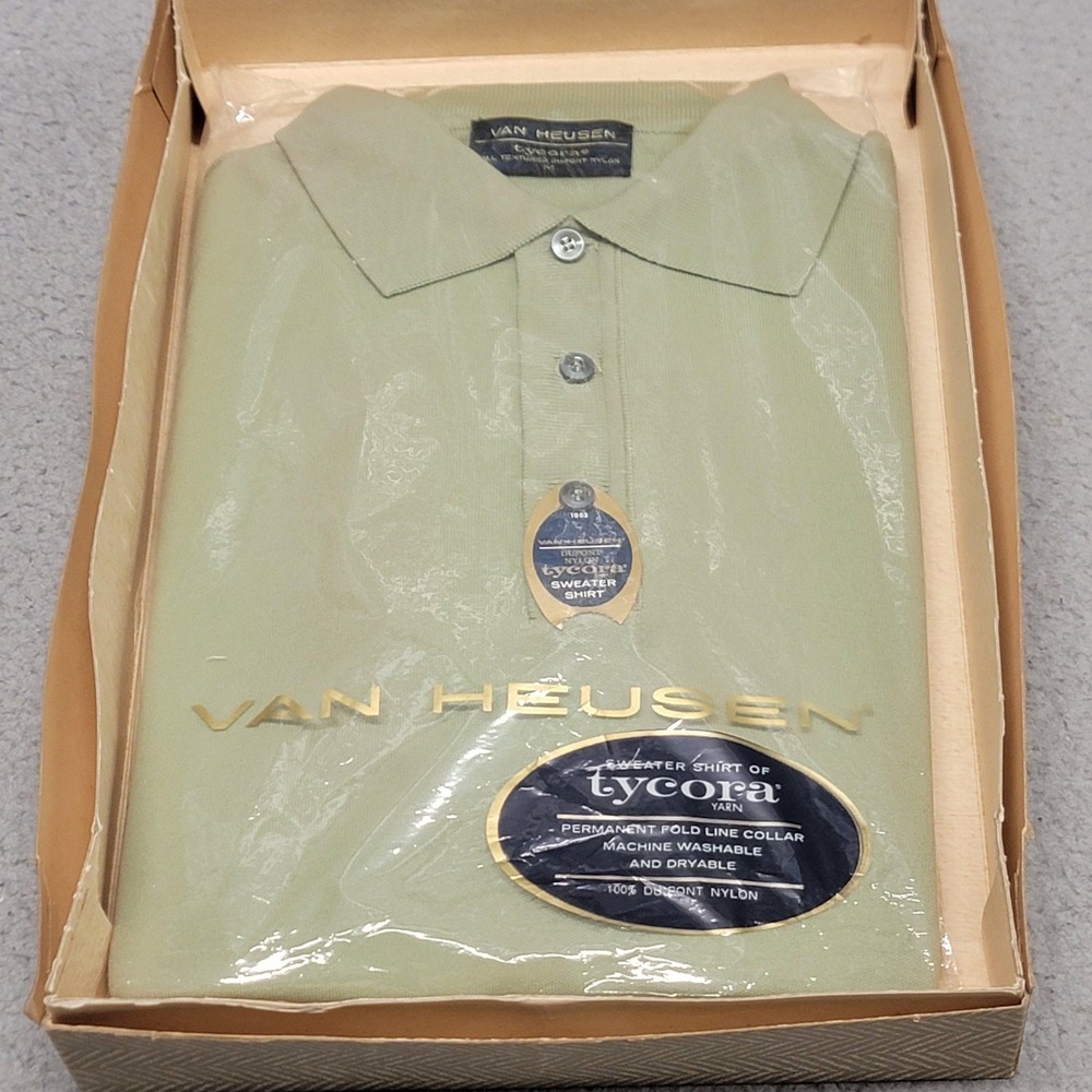 Vintage 60s Van Heusen Polo Sweater Shirt Mens Medium Green Tycora Nylon Knit